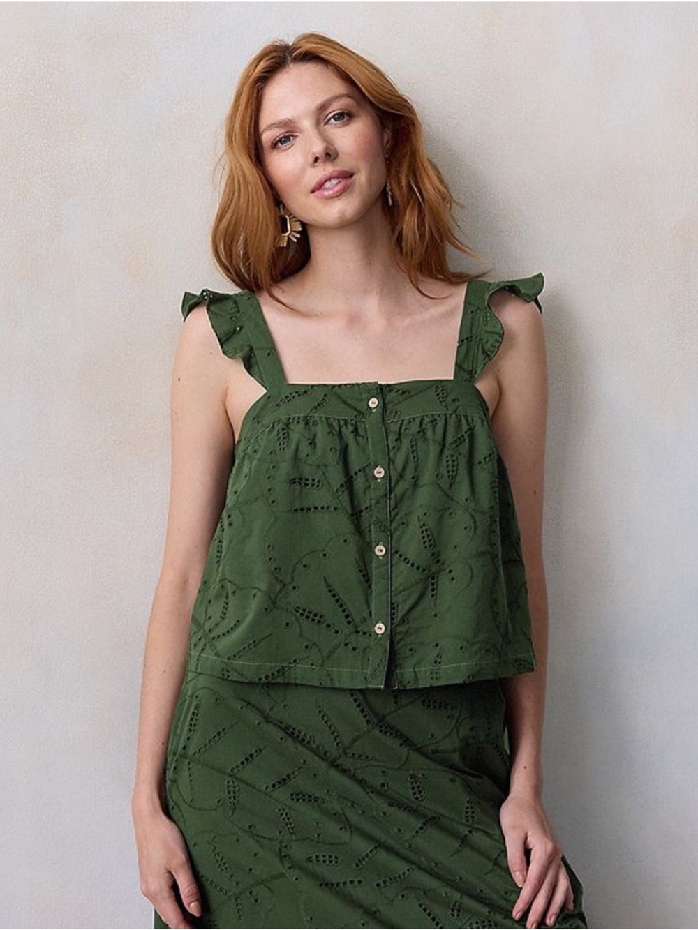 NWT LC Lauren Conrad genesis green button front ruffled shoulder tank top large